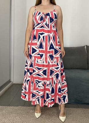 Нежное натуральное платье макси в принт британский флаг No202 фото