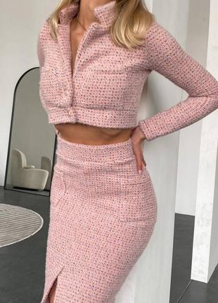 Элегантный соблазнительный костюм, юбка миди, короткий жакет, мягкий высококачественный твид