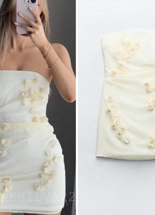 Белое мини платье бюстье zara из органзы с цветами🤍2 фото