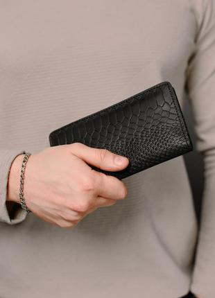 Мужское черное кожаное портмоне, кошелек из натуральной кожи тиснение питон