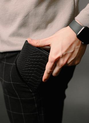 Мужское черное кожаное портмоне, кошелек из натуральной кожи тиснение питон4 фото