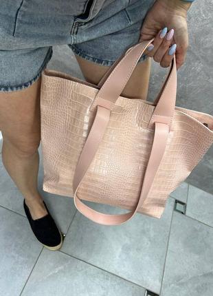 Женская стильная и качественная сумка шоппер из эко кожи пудра4 фото