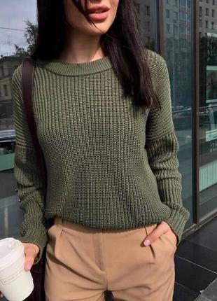 Женский свитер крупной вязки кофта вязаная с круглым воротом свитер однотонный хаки