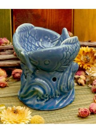 Аромалампа керамическая две рыбки синяя , ароматическая лампа для масел