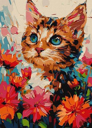 Картина за номерами котик у квітах  ідейка 30 х 40 kho6599