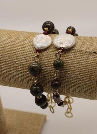 Комплект з двох браслетів з яшми "кров дракона", турмаліну рубеліту, річних перлин кеші "ворожка". комплект з натурального каміння5 фото