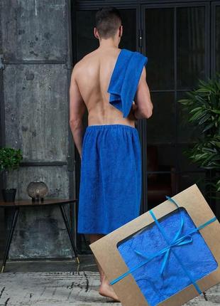 Банный махровый килт на липучке + полотенце - мужской подарочный набор для бани и сауны в красивой упаковке2 фото