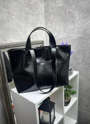 Женская стильная и качественная сумка шоппер из эко кожи черная3 фото