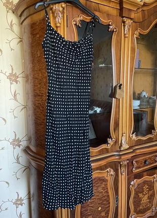 Платье в горошек миди длинное черное из белый сарафан женский летний бретельки2 фото