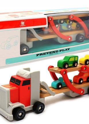 Деревянная игрушка автовоз top bright перевозчик 40х8х12 см (трейлер, 4 машинки) 120327