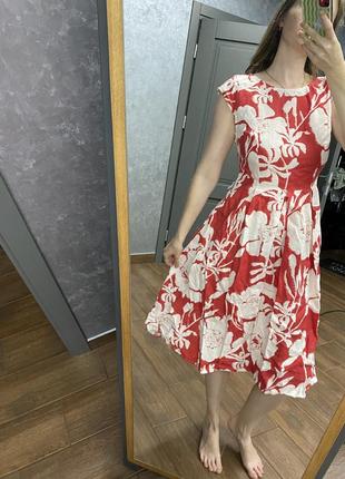 100% лен миди платье красное в белый флористичный принт per una next