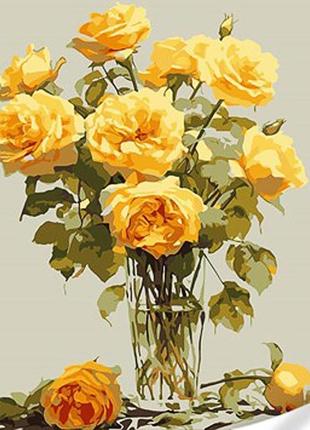 Картина за номерами strateg преміум жовті троянди у вазі з лаком та з рівнем розміром 30х40 см (ss1011)