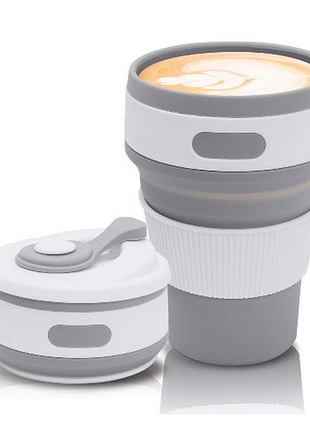 Стакан складной силиконовый collapsible coffee 350 мл с герметичной крышкой и поилкой, серый2 фото