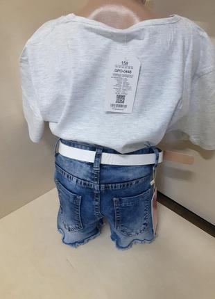 Нарядный летний костюм для девочки подростка джинсовые шорты футболка цветок 140 146 152 158 1645 фото