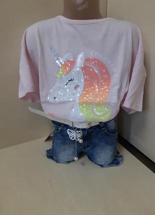 Нарядный летний костюм для девочки подростка джинсовые шорты футболка единорог 158 1647 фото