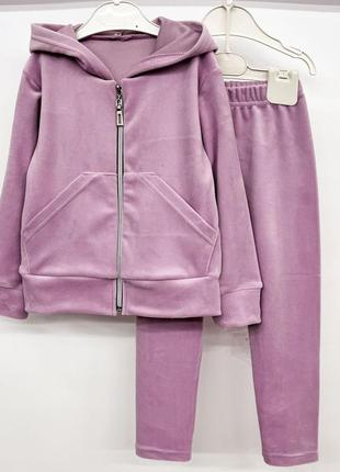Костюм двійка дитячий підлітковий, велюровий, худі на блискавці, з капюшоном, лосини, ліловий