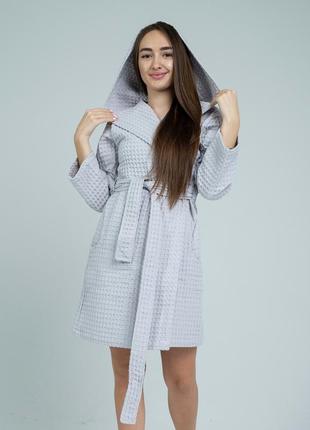 Женский вафельный халат с капюшоном «lelit», вафельная, серый, s-m и l-xl.