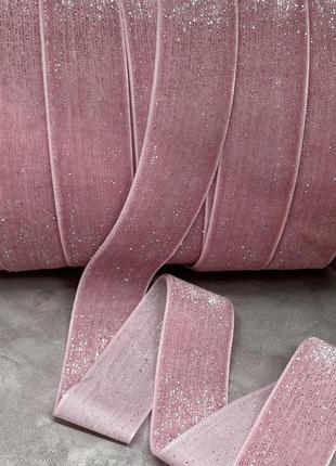 Стрічка велюрова 2,5 см з люрекс ниткою, рожевий, метр , рожевий