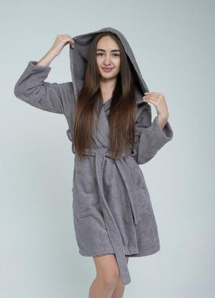 Женский махровый халат с капюшоном «lelit», махра, серый, s-m и l-xl.