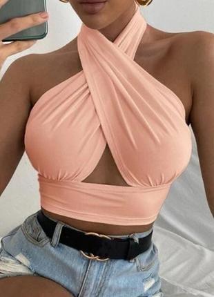 Shein персиковый топ топик накрест кроп топ интересный крой открытая спинка