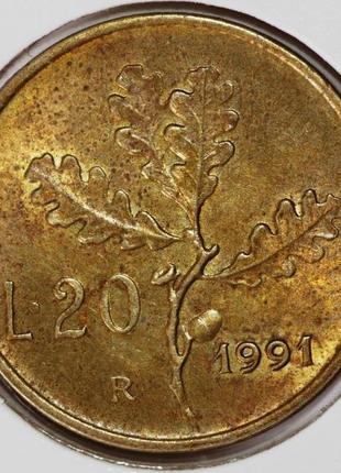 Монета италии 20 лир 1957-91 гг.1 фото