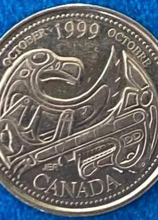 Монета канады 25 центов 1999 г. октябрь