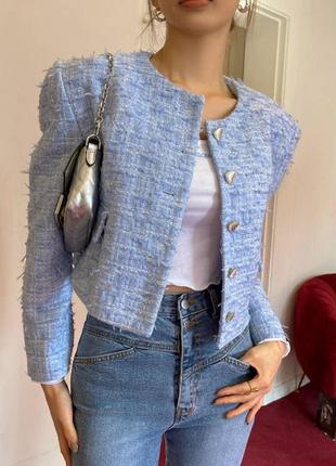 Трендовый твидовый укороченный сине-белый пиджак в стиле zara с пуговицами, твидовая куртка с карманами