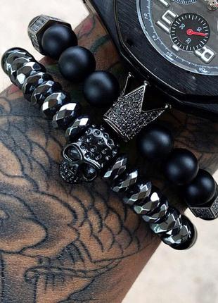Чоловічі браслети з натурального каміння з короною та черепом (комплект) чорні
