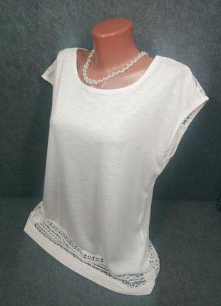 Белая коттоновая блуза футболка с натуральным плетеным кружевом 48-50 размера2 фото