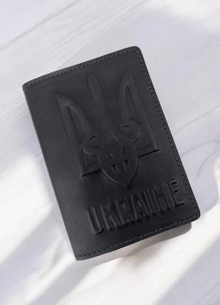 Обложка на паспорт кожаная - герб украины - черная