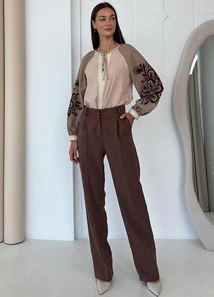 Блузка в украинском стиле современная вышиванка с кружевом 44-52 размера бежевая