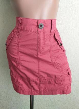 Коттоновая юбка с карманами. мини-юбка карго. легкий джинс, деним. розовый, вереск, кармин.1 фото