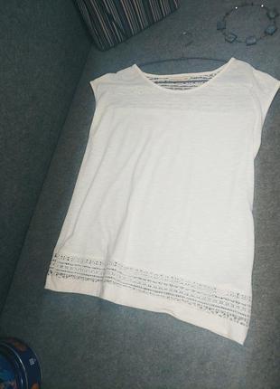 Белая коттоновая блуза футболка с натуральным плетеным кружевом 48-50 размера6 фото