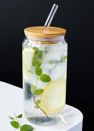 Склянка з трубочкою та бамбуковою кришкою з силіконовим ущільнювачем, 530 мл