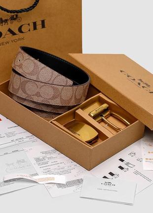 Женский ремень coach belt kit beige canvas/gold fitting коричневый в фирменной коробке на подарок