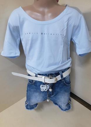 Летний костюм для девочки подростка джинсовые шорты футболка 152 158 164 1706 фото