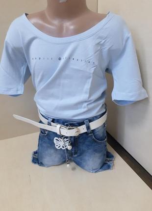 Летний костюм для девочки подростка джинсовые шорты футболка 152 158 164 1702 фото