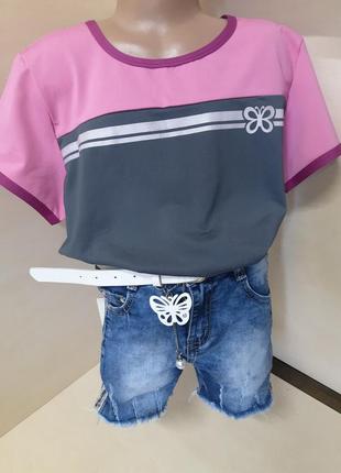 Летний костюм для девочки подростка джинсовые шорты футболка розовая 152 158 164 1709 фото