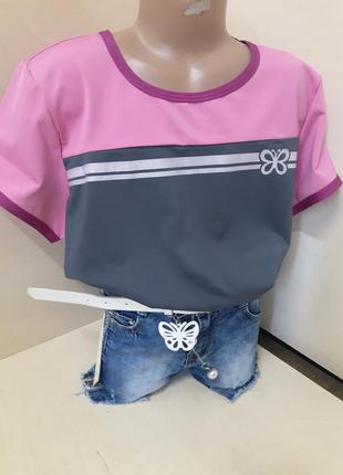 Летний костюм для девочки подростка джинсовые шорты футболка розовая 152 158 164 1706 фото