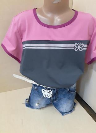 Летний костюм для девочки подростка джинсовые шорты футболка розовая 152 158 164 1708 фото