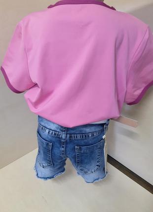 Летний костюм для девочки подростка джинсовые шорты футболка розовая 152 158 164 1707 фото