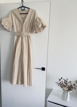 Zara размер xs/s в наличии женское миди платье бежевое с пышными рукавами летнее длинное стильное zara