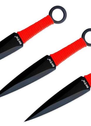 Ножі метальні в чорному кольорі з червоним переплетенням ручки в наборі з 3 штук2 фото