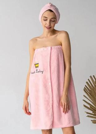 Женский комплект 2 предмета для сауны бани платье-халат и тюрбан для волос, махровая микрофибра на кнопках1 фото