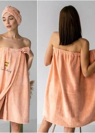 Женский комплект 2 предмета для сауны бани платье-халат и тюрбан для волос, махровая микрофибра на кнопках3 фото
