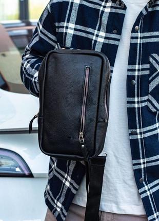 Мужская шикарная качественная и стильная сумка слинг из натуральной кожи черная5 фото