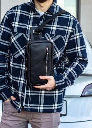 Чоловіча шикарна якісна та стильна сумка слінг з натуральної шкіри чорна2 фото