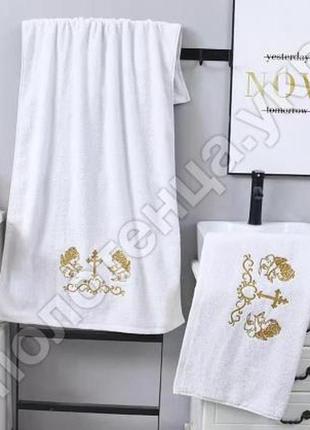 Крыжма детская для крестин, махровое полотенце белого цвета с золотой вышивкой и тиснением ангелы для младенца3 фото