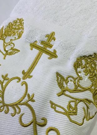 Крижма дитяча для хрестин, махровий рушник білого кольору із золотою вишивкою і тисненням ангели для немовляти8 фото