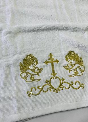Крижма дитяча для хрестин, махровий рушник білого кольору із золотою вишивкою і тисненням ангели для немовляти6 фото